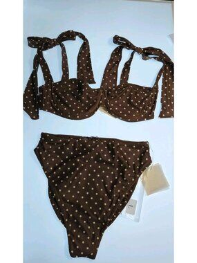 SAME Los Angeles NWT Brown Polka Dot Halter Underwire Bikini Set High Waist L
